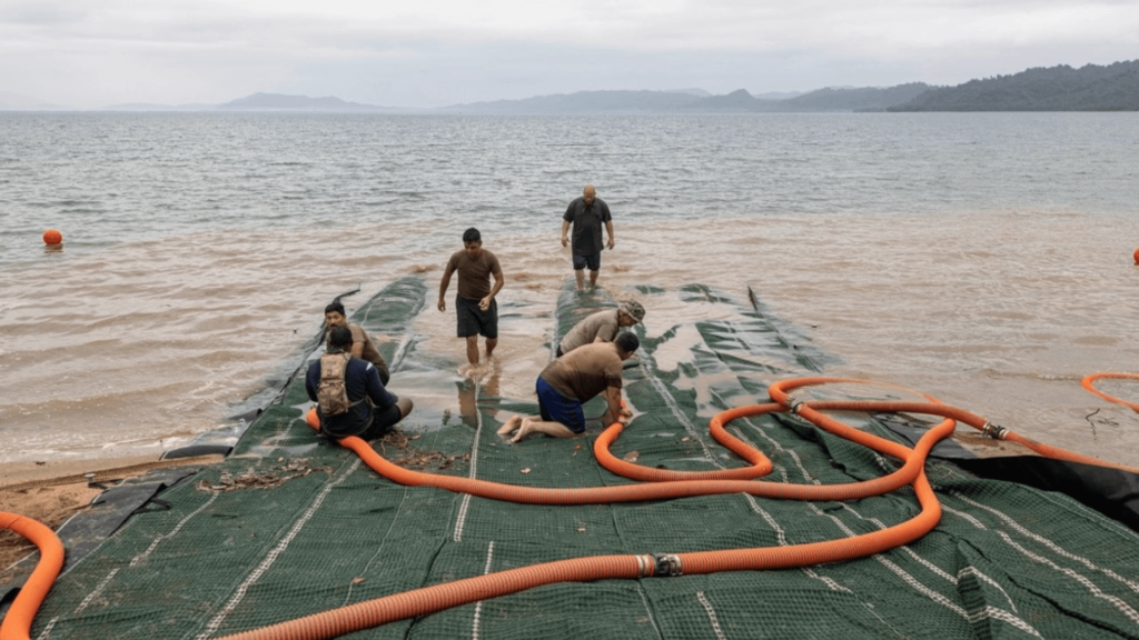 U.S. Navy sailors fill up a submersible matting system to conduct combined joint logistics over-the-shore offloads in preparation for Balikatan 23