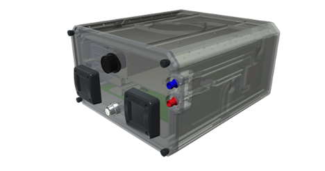 A gray rectangular device is shown with two black square protrusions on the end. Small round red and blue protrusions are on one edge with two small round buttons and a silver lock.