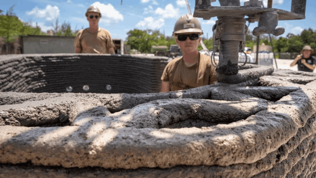 Two people wearing sunglasses and hardhats observe machinery as it 3D prints a large-scale structure.