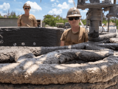 Two people wearing sunglasses and hardhats observe machinery as it 3D prints a large-scale structure.