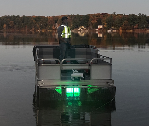 Front view of a pontoon boat with a UV reactor illuminated on the underside and the operator standing on the pontoon deck