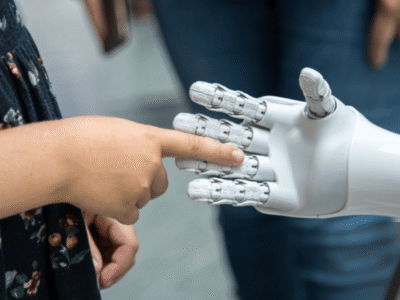 A human hand touches a white, robotic hand.