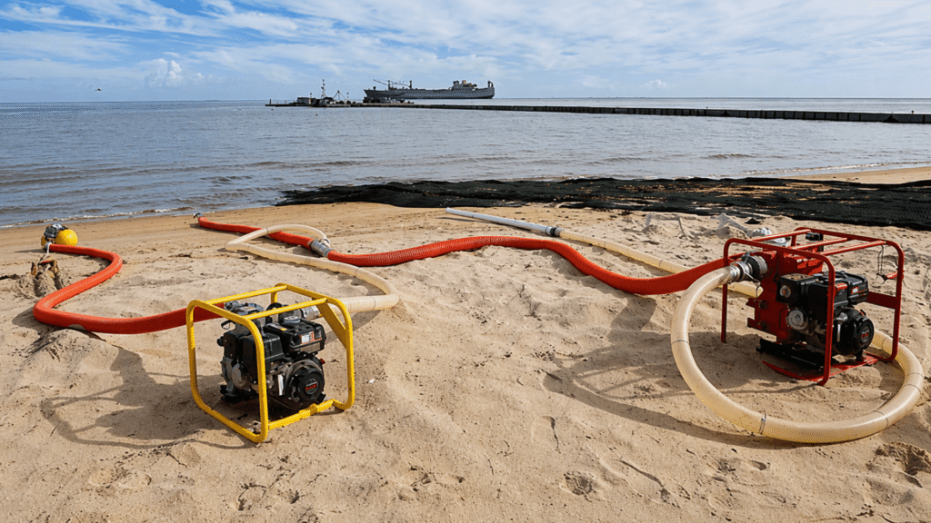 Pump system components on sand