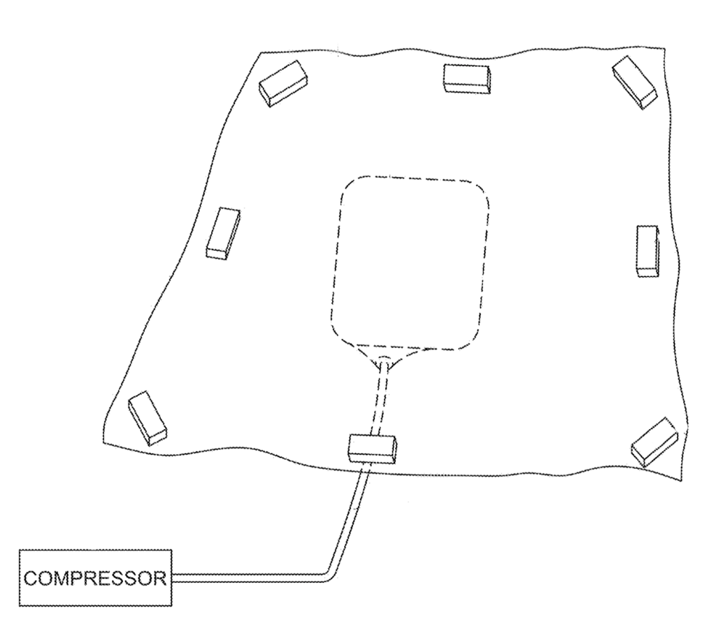 A square representing a blast blanket with small rectangles representing magnets in each corner and midway down each side has a dotted line representing an air bladder over the explosive in the center and tube running outside the square to a compressor.