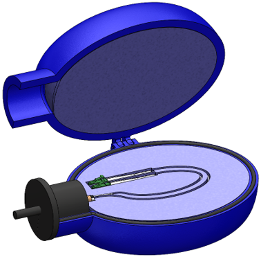 Blue 3D-rendered case with hinged lid open, showing foam-lined interior and coiled spliced fiber optic cable inside